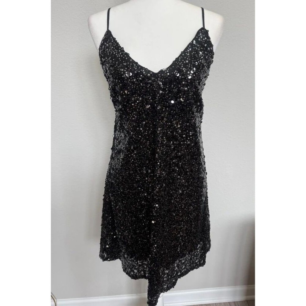 NWT Aakaa Black Sequin Mini Dress - Lace Up Back Size L